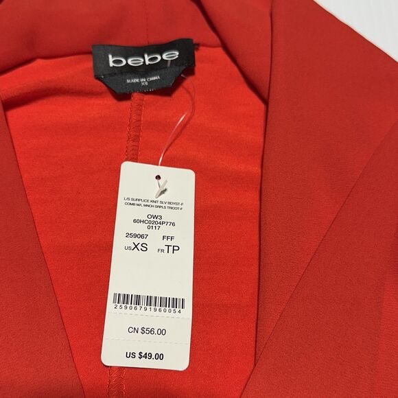 Bebe Plunge Front Red Long Sleeve Bodysuit Faux Wrap Deep V Women’s XS NWT - Picture 2 of 7